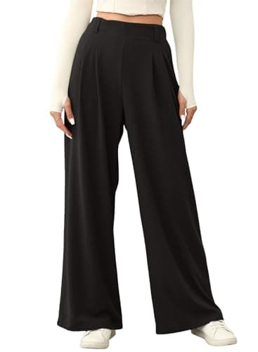 EVALESS Wide Leg Pants Women High Waisted Waffle Knit Work Pants Womens Business Casual Dress Trousers Flowy Petite Slacks with Pockets Black X-Small
