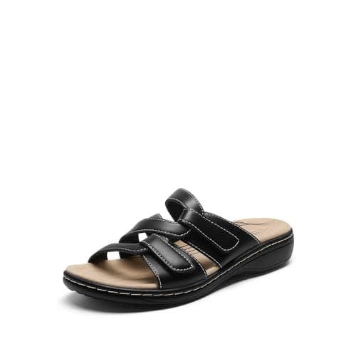 DREAM PAIRS Womens Slides Arch Support Slip on Flat Sandals Plantar Fasciitis Soft Cushion Slippers With Adjustable Straps,Size 6.5,Black,SDSS2412W