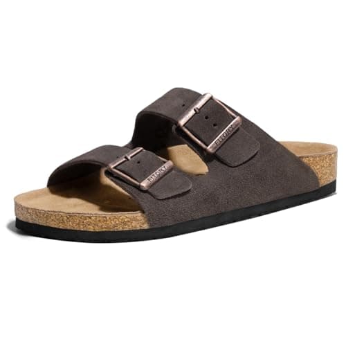 FITORY Mens Sandals, Arch Support Slides with Adjustable Buckle Straps and Cork Footbed Mocha Suede Size 10