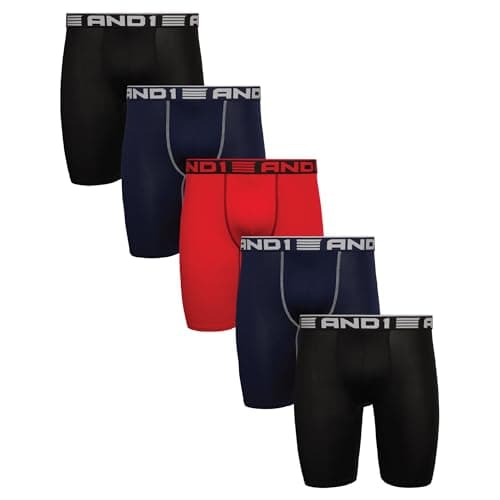 AND1 Mens Underwear Boxer Briefs - 5 Pack Performance Stretch Long Leg Boxers for Men with Contour Support Pouch, 9" Inseam, Size Medium, Black/Red/Navy Blue