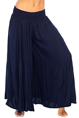 Back From Bali Womens Boho Wide Leg Palazzo Pants Smocked Waist Harem Lounge Loose Summer Beach Pants Navy L/XL