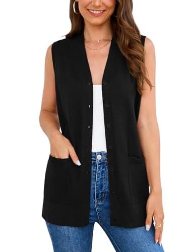 Veryoung Women's 2026 Trendy Black Sleeveless Cardigan Button Down Sweaters Plus Size Fashion Casual Soft Knit Office Duster Vests with Cozy Pockets,XL