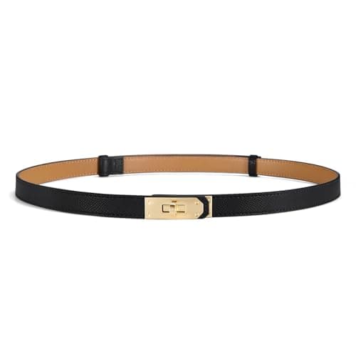 Fianmy Skinny Leather Belts for Women with Adjustable Silver Turn-Lock Buckle for Dresses Jeans and Pants (Black with Gold Buckle)