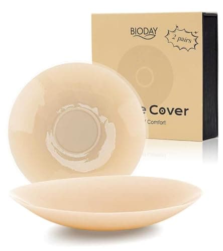 Bioday Silicone Nipple Covers for Women, 2 Pairs Reusable Adhesive Pasties Non-Adhesive Center Invisible Seamless Waterproof Hypoallergenic Breast Petals for Backless Strapless Dress Crème