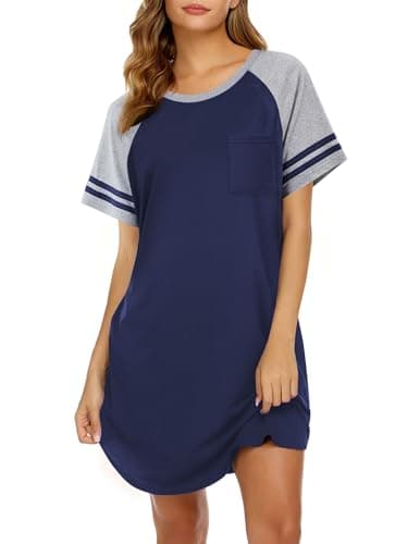 Ekouaer Nightgowns for Women Short Sleeve Sleepshirts Crew Neck Nightshirts Color Block Pajamas Dress Soft Sleepwear Navy Blue Large