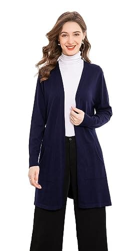 SMILING PINKER Women Light Weight Cardigan Soft Open Front Knee Length Sweater with Pockets(X-Large,Navy Blue)