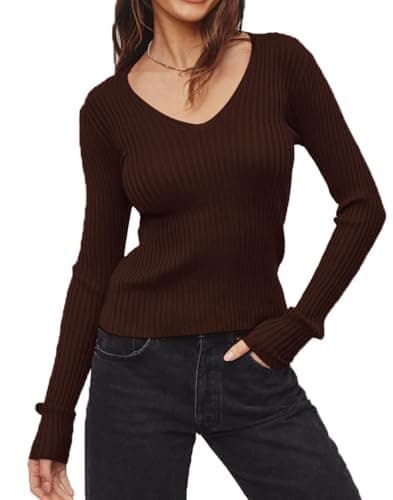 Lacozy Women Sweaters Deep V Neck Long Sleeve Top Lightweight Ribbed Knit Sweater Fall Trendy Brown XL