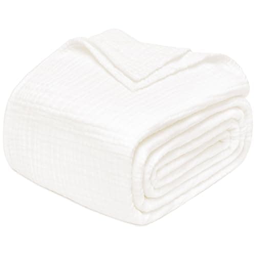 Joydeco 100% Cotton Muslin Throw Blanket for Couch Bed and Sofa, 4-Layer Lightweight and Breathable Soft Gauze Blanket for All Season, Luxury Throws Cotton Blanket Gift(White, 50"x70")