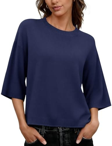 LOMON Summer Tops Women's Crew Neck Short Sleeve Sweater Casual Spring Fashion 2026 Knitted Clothes Navy Blue S