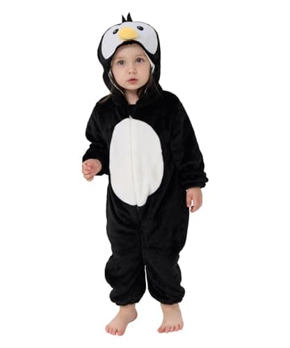 LONULAIN Unisex Baby Animal Costume Pajamas, Infant Flannel Hooded Halloween Romper Cosplay Costume/Homewear/Sleepwear (Penguin,12-18 Months)