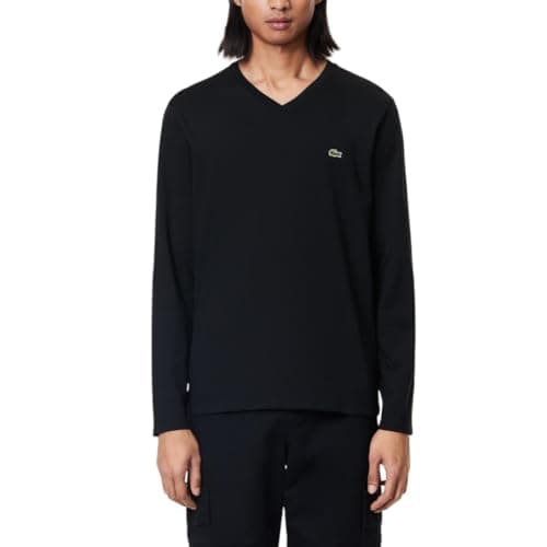 Lacoste Men's Long Sleeve Lightweight Cotton Pima V-Neck T-Shirt, Black, Large