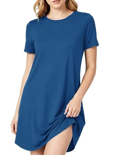 PATPAT Nightgowns for Women Viscose from Bamboo Sleep Shirts Short Sleeve Nightshirt Casual Sleeping Soft Pajama Dress Blue, L