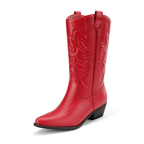 DREAM PAIRS Women's Cowboy Boots Pull On Cowgirl Boots Mid Calf Western Boots, Available in Regular and Wide Calf,Size 5,Red,SDMB2218W