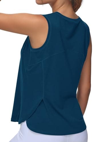 Dragon Fit Lightweight Workout Tank Tops for Women Sleeveless Yoga Shirts Side Split Loose Fit Athletic Tops with Curved Hem Dark Blue Green, Large