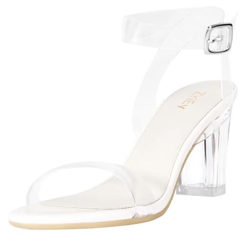 ZriEy Women's Beige Clear Heels Chunky Block Mid High Heeled Sandals Open Toe Transparent Ankle Strap Dress Pump Shoes Size 7 for Women in Daily Wear Party Wedding