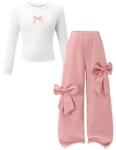 AMAWMW Girls Clothes Ribbed Shirt Top Cargo Pants Outfits Pink 13-14Y