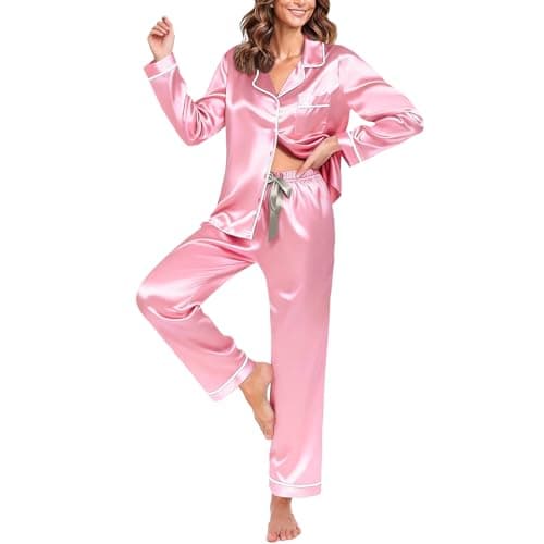 Satynova Women's Silk Satin Pajama Sets Long Sleeve,2 Piece Sleepwear with Button Down Top and Pants,Soft Loungewear Pink