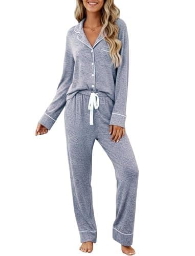 Samring Two Piece Pajama Set for Women Long Sleeve Button Down Pjs Fall Soft Warm Pjs Lounge Sets Nightwear Blue XXL