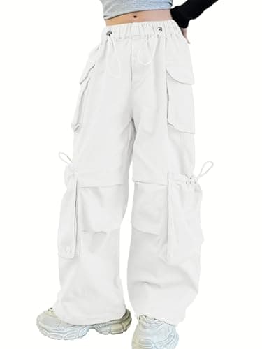 Nanasait Girls Vintage Multiple Pockets Cargo Pants Wide-Leg Casual Straight Streetwear, 6-14 Years White 130CM