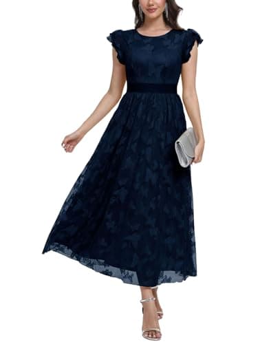 DEARMSROSE Women's Casual Tulle Midi Dress Ruffle Sleeve Crewneck Lace Flowy Dresses Party Wedding Guest Sundress(2XL,Navy Blue)