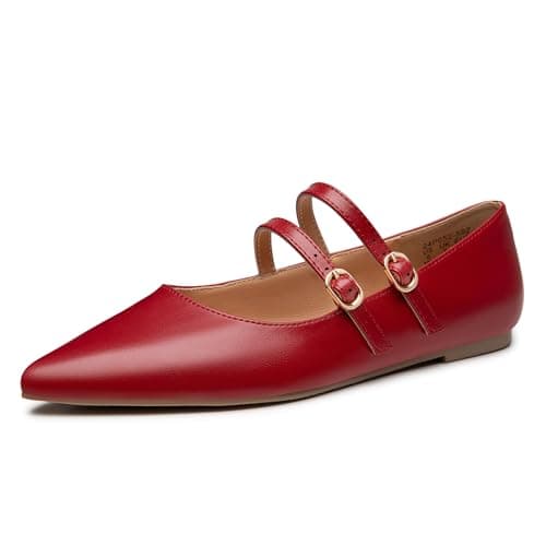Trary Flats for Women Mary Jane Shoes Women Closed Pointed Toe Ballet Flats Comfortable Slip on Dressy Adjustable Strap Cute Walking Office PU Leather Mary Janes Flat Shoes Red Size 11