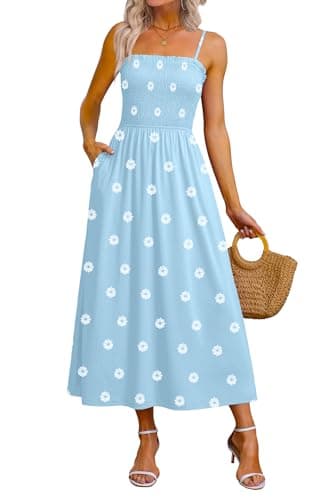 OFEEFAN Plus Size Boho Maxi Dress Spaghetti Strap Spring Sundresses for Women Long Dress Summer Outfits Blue Daisy 2XL