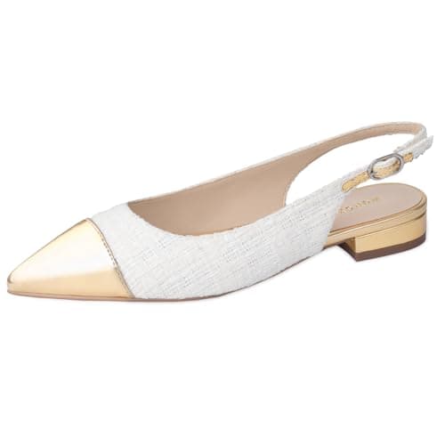 WONDERWAY Women Slingback Flats Tweed Pointed Toe Slingback Flats Cap Toe Dress Shoes for Women(Gold White,6)