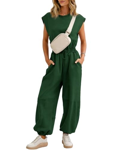 Flygo Womens Casual Jumpsuit Crewneck Cap Sleeve Long Wide Leg Pants One Piece Outfits Drawstring Romper with Pockets(Darkgreen)