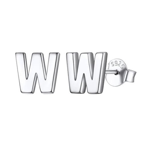 ChicSilver White Gold Plated 925 Sterling Silver Alphabet A-Z Letter Initial Stud Earrings for Women (Alphabet W)