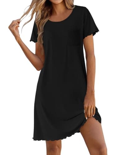Ekouaer Sleep Shirts for Women Bamboo Viscose Nightgowns Soft Night Shirts Short Sleeve Ruffled Night Gowns with Chest Pocket Black L