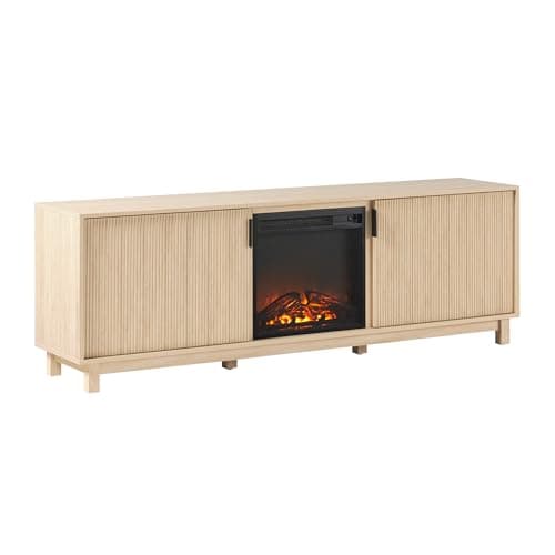 Walker Edison Arundo Reeded TV Stand with Fireplace & Storage, 70" Fireplace, Coastal Oak