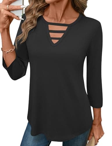 LOMON 3/4 Length Sleeve Womens Tops Black Tunic Tops for Women Crew Neck Hollow Out Top Dressy Casual Trendy Black L