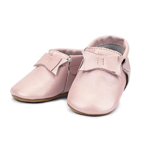 Zutano Unisex Baby Leather Moccasins, Slip Resistant, Soft-Sole Stay On Baby Shoes, Pink Shimmer, 12M