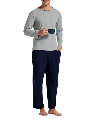 MoFiz Men's Pajamas Set Long Sleeve Sleepwear Soft Christmas Pajamas 2 Piece Loungewear Warm Pjs Sets for Winter Holiday with Pockets S Navy Blue Pants & Light Gray Shirt