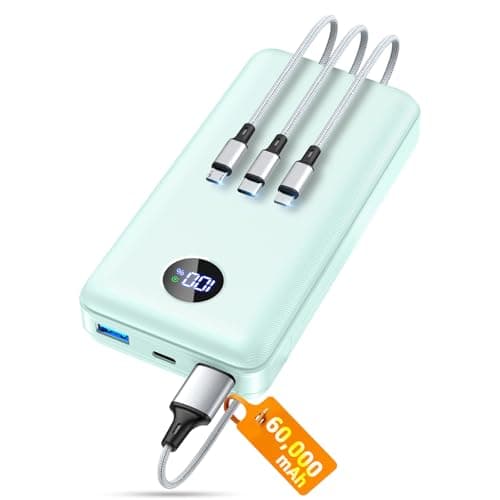 Portable Charger Power Bank, 60000mAh Battery Pack with 3 in 1 USB-C/iOS/Micro-USB Cable, 22.5W Fast Charging Portable Phone Charger, Travel Camping Essential Powerbank for iPhone 17/16 Samsung, Mint