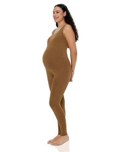 POSHDIVAH Women's Maternity Jumpsuit Romper Pregnancy Leggings Sleeveless Tank Top Bodycon Bodysuit Shapewear, Brown Large