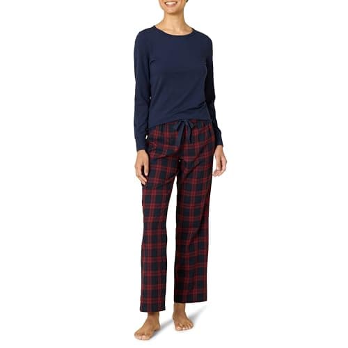 Amazon Essentials Women's Lightweight Flannel Pajama Pant and Long-Sleeve T-Shirt Sleep Set, Burgundy Plaid/Navy, XX-Large