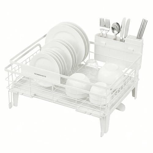 SONGMICS Dish Drying Rack, Kitchen Dish Rack with Drainboard, 360° Rotatable and Extendable Spout, with Cutlery Holder, (12.2-22) x 16.5 x 7.9 Inches, Matte White UKCS552W01