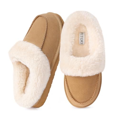 FITORY Women's Suede Slipper, Flat Slip On House Shoes with Faux Fur Lining Indoor Outdoor Short Mini Boots Brown Suede Size 9