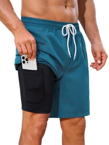 INCERUN Mens Swim Trunks 9 Inch Bathing Suit Men Swimsuit Quick Dry Board Shorts with Compression Liner Swimwear 2 in 1 Swimming Shorts Drawstring Shorts with Zipper Pockets Copenblue X-Large