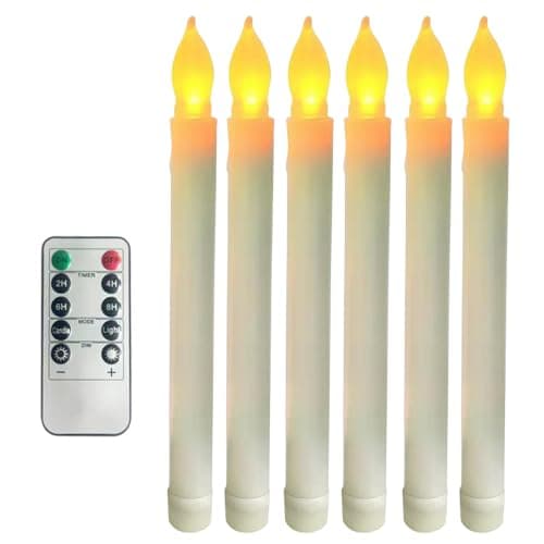 6 Pcs Plastic Flameless Taper Candles with Remote Timer Dimmer, 8.5 inches Taper Candles Battery Operated, Plastic LED with Flickering Flame for Halloween Christmas Church Wedding (Warm Yellow)