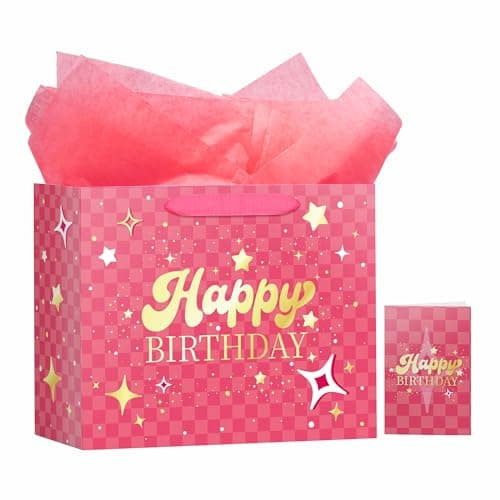 MotiGiftie 13" Pink Happy Birthday Gift Bag with Tissue Paper and Greeting Card for Party, Happy Birthday Gift Bag for Men Women, Hot Stamping Gift Bags