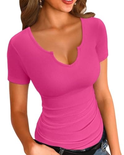 VICHYIE Women V Neck Ribbed Fitted Summer Short Sleeve Shirt Hot Pink L