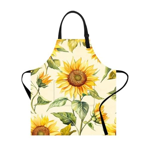 ANNA QUEEN Sunflower Garden Watercolor Apron with Pocket – Adjustable Kitchen Bib for Men & Women | Cooking, BBQ, Baking Gift