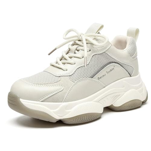 BEAU TODAY Chunky Sneakers for Women, Womens Fashion Sneakers, Lace Up Platform Comfortable Leather Casual Dad Shoes Beige US Size 5
