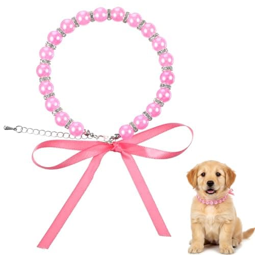 Dog Cat Pearls Necklace Collar Fancy Pearls Crystal Dog Necklace Pink Pearl Collars with Bling Accessories Ribbon Bow Elegant Pearl Collar Jewellery Accessories for Female Dogs Cat Puppy Small Medium