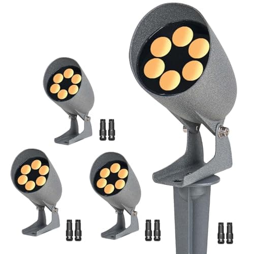Svuikoar Low-Voltage Landscape Lighting, die-cast Aluminum Outdoor Landscape Spotlight, IP65 Courtyard Light, Garden Light, 12V 6W 700LM Warm White 3000K, with Connector, 4-piece Set (No Transformer)