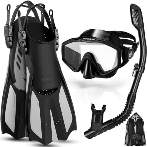 Odoland Snorkel Set, Snorkeling Packages with Dry Top Diving Mask, Adjustable Swim Fins, Mesh Bag, Anti-Fog Anti-Leak Snorkeling Gear for Men Women Adult, Black S/M