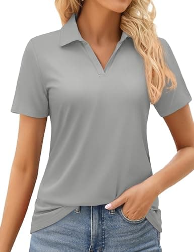 MAGCOMSEN Womens Golf Shirt Sun Protection Short Sleeve V Neck Collared Shirts Quick Dry Athletic Polo Light Grey,S