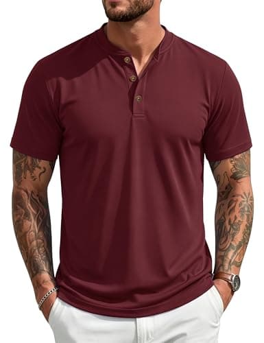 MAGCOMSEN Men's Henley Short Sleeve Shirt UPF 80+ Moisture Wicking Polyester Shirts Button T-Shirts Casual Basic Tees WineRed